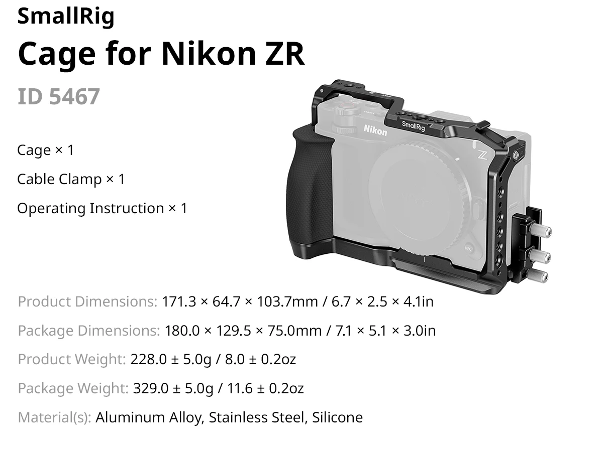 ZR Camera Cage for Nikon ZR, w Cable Clamp Silicone Handle Built-in Arca-Swiss Q