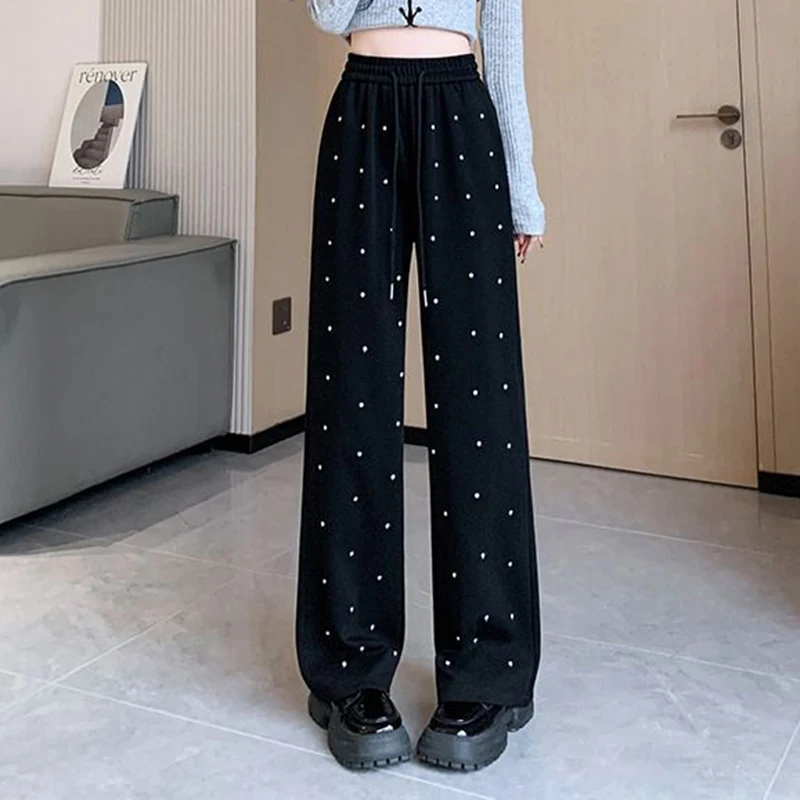 Diamond inlaid casual wide leg pants for women's high-end high waisted loose straight leg sports pants  trousers