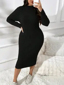 Plus Size Women Black Ribbed Sweater Dress High Neck Bodycon Midi Dress Autumn Winter