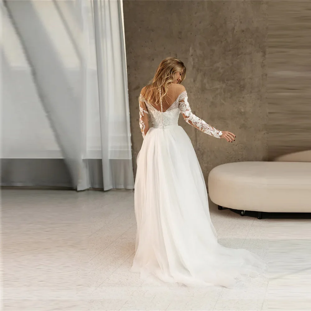 High Collar Tulle Women Wedding Dresses Sweet Lace Appliques A-Line Bridal Gowns Mopping length Long Sleeves Princess Bride Robe 2