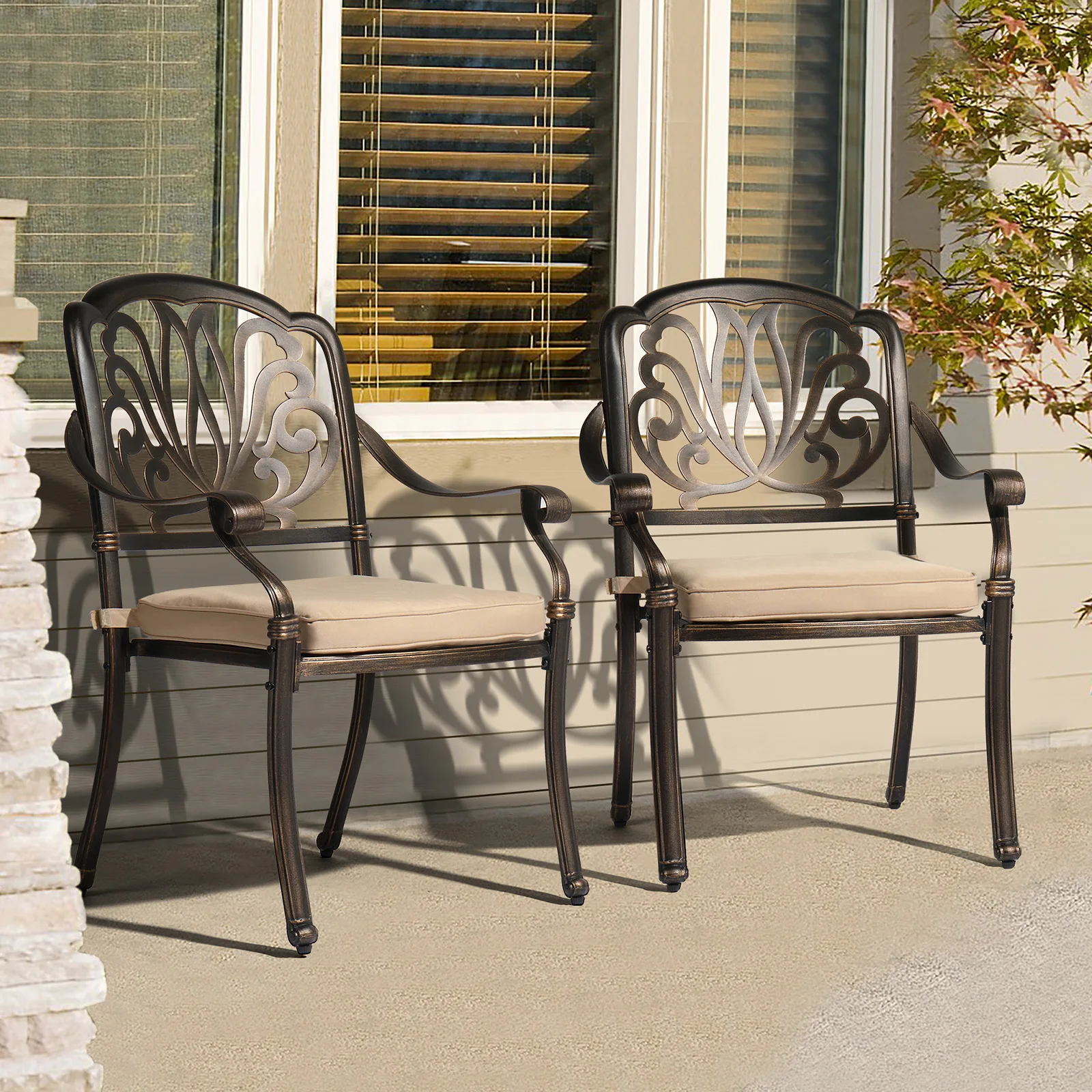 Set of 2 Cast Aluminum Patio Dining Chairs with Cushions, Stackable Outdoor Bistro Chairs for Balcony Backyard Antique Bronze 5