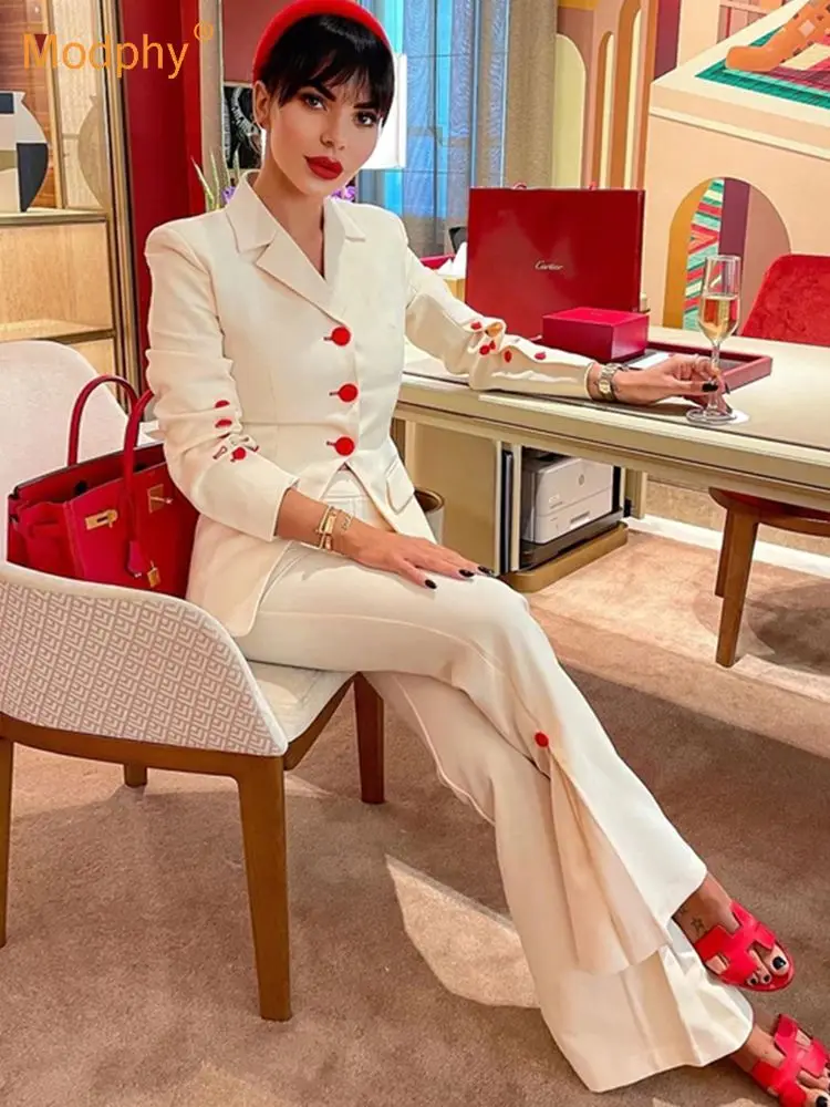 

2022 Newest Designer Fashion Runway Suit Set Women'S Stylish Color Buttons Trim Blazer Slit Pants Suit Two Piece Sets