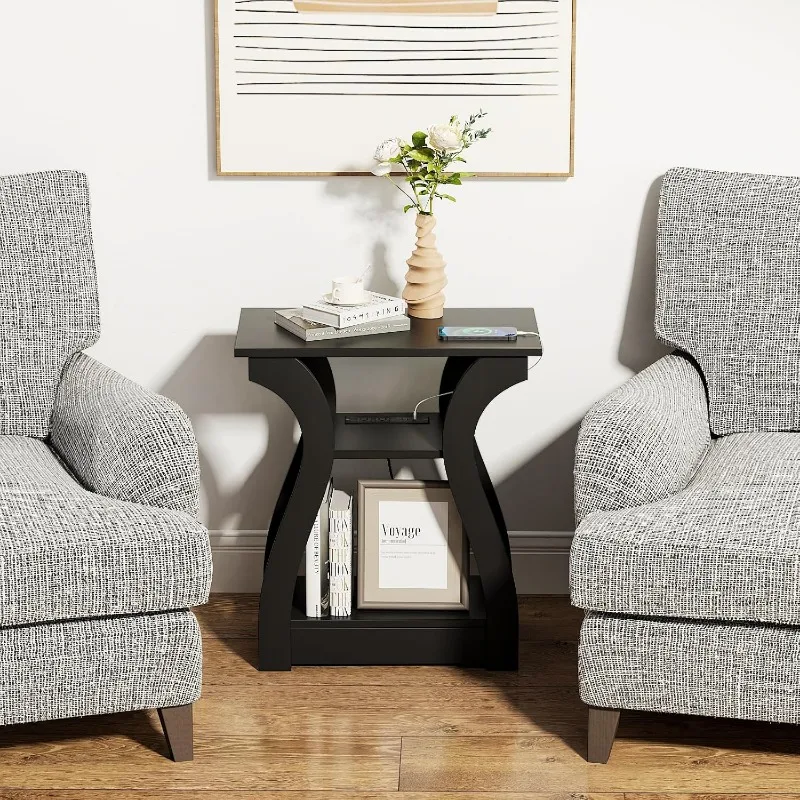 End Table with Charging Station, Side Table with USB Ports and Outlets, Nightstand, 3 Tier End Table with Storage 3
