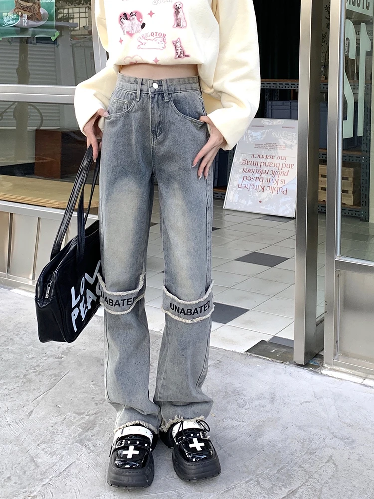 

New Blue Washed Jeans Woman High Street Vintage Frayed Straight Jeans Oversized Distressed Casual Hot Girl Street Baggy Jeans