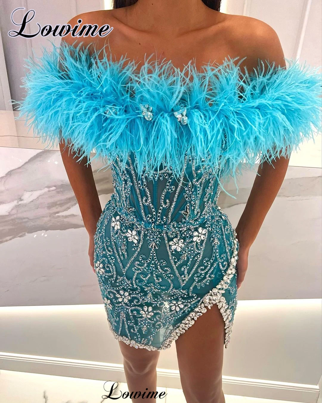 Evening Dresses Cocktail Dress Mini Blue Crystals Cocktail Dresses Mermaid Strapless Feathers Prom Dresses Sexy Birthday Party Vestidos De C&oacute;ctel