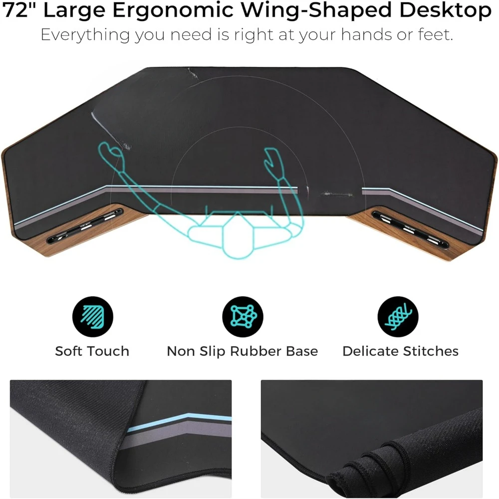 72" Gaming Desk, Wing-Shaped Music Studio Desk, Large Computer Table LED Convertible Monitor Stand Dual Headphone Hanger 5