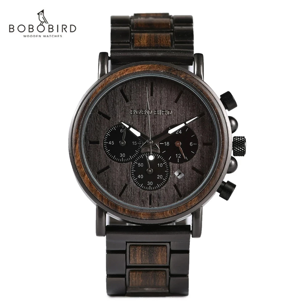 BOBO BIRD-Montre-bracelet à quartz en bois pour homme, chronographe militaire, étanche, grande boîte cadeau, mode supérieure