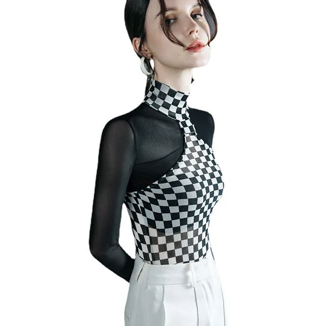 Black and White Plaid Stitching Long-sleeved T-shirt Autumn and Winter New Bottoming Shirt Sexy Perspective Stretch Mesh Y2k Top 5