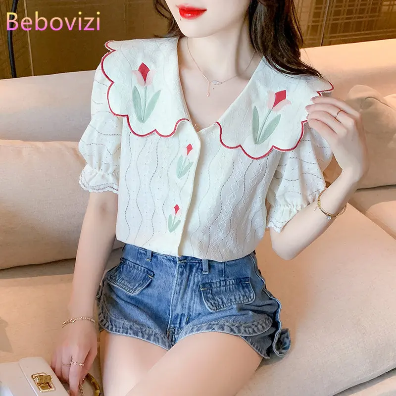 TulipEmbroideredWomenBlouse2023SummerDollCollarLaceShirt