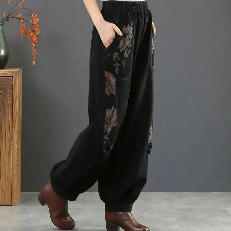 2023 New Spring and Autumn Fashion Retro Ethnic Style Printing Elastic Waist Loose Relaxed Slim Oversize Lantern Pants for Women