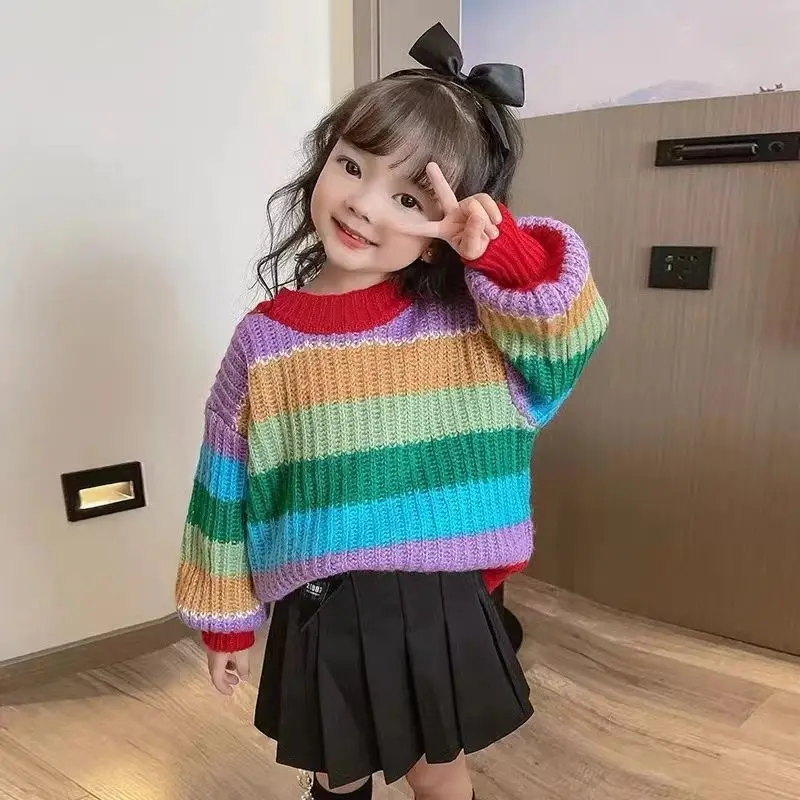 

Girls Sweater Wool Coat Knitting 2022 Rainbow Thicken Warm Winter Autumn Bottoming Shirt Children's Clothing