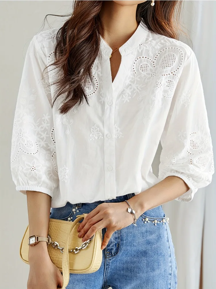 Fashion New Retro Women's Embroidered Hollow White Three-quarter Sleeved Shirt Elegant V-Neck Office Casual Pullover Shirt
