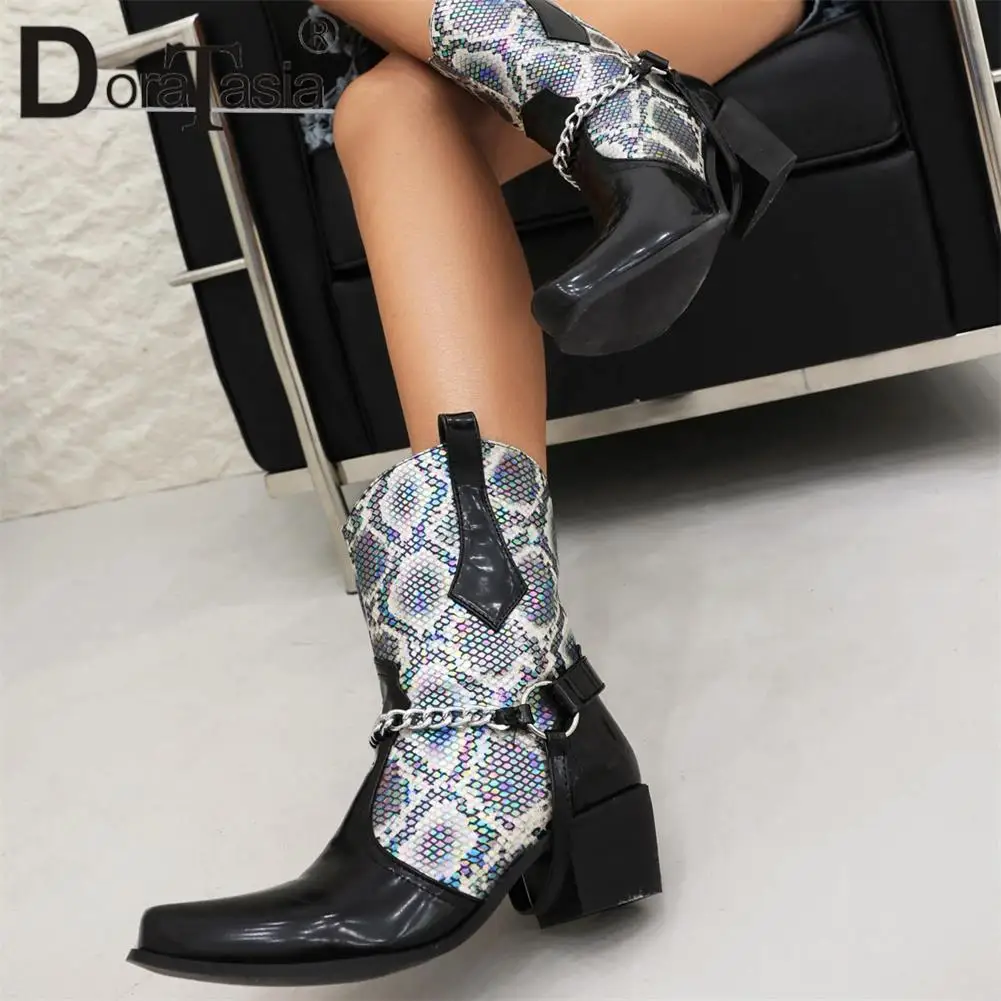 Plus Size 48 Brand New Ladies Mixed Colors Cowboy Boots Fashion Chain Chunky Heels women's Cowgirl Boots Party Woman Shoes