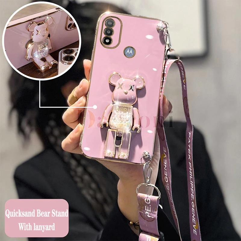 Cartoon Bear Lanyard Plating Phone Stereoscopic Holder Case