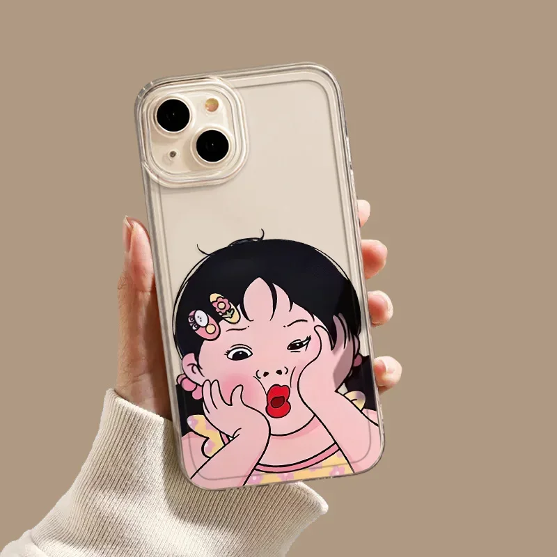 Adorable Transparent Cartoon Phone Case - Cute Girl Design