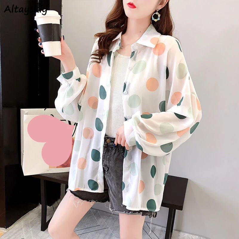 

Colorful Dots Shirts Women Sun-proof Thin Summer Long Sleeve Sweet College Females Harajuku Korean Stylish New Collection Mujer