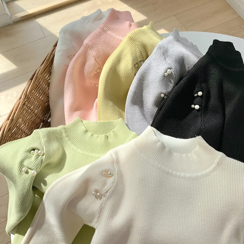 

Детские осенне-зимние топы для девочек 2023, свитер с рукавами-фонариками и жемчужинами, Хлопковые вязаные толстые топы для девочек