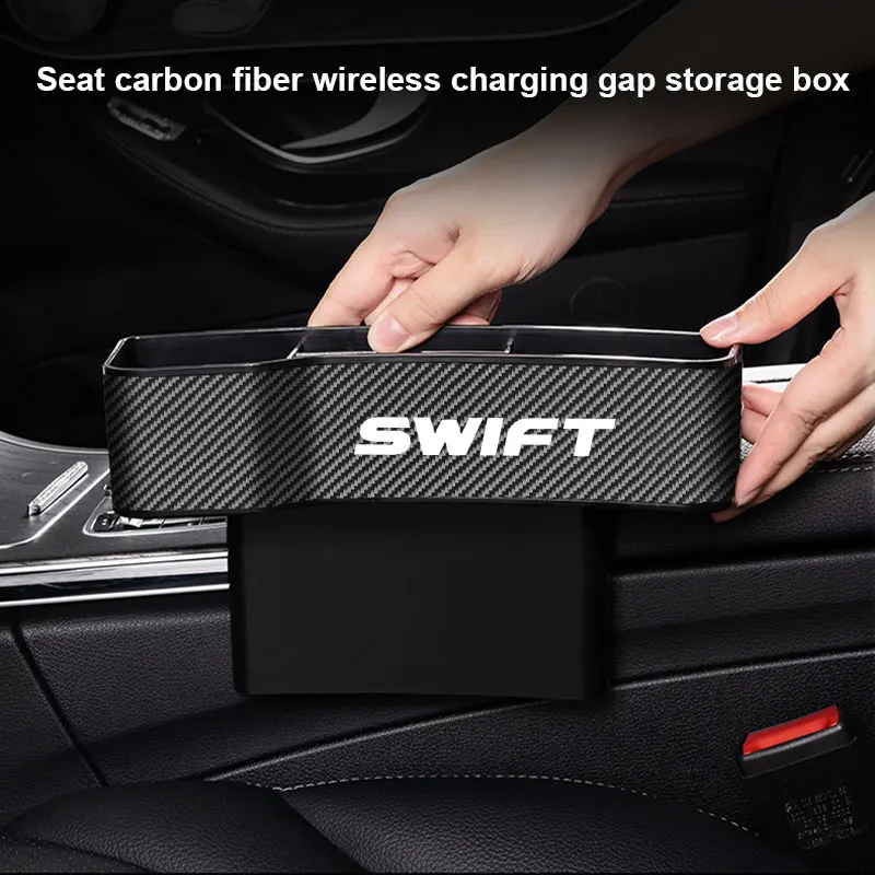 

Car Carbon Fiber Seat Gap Filler Organizer With Cup Holder With Wireless Charging For Suzuki Swift car Accessories