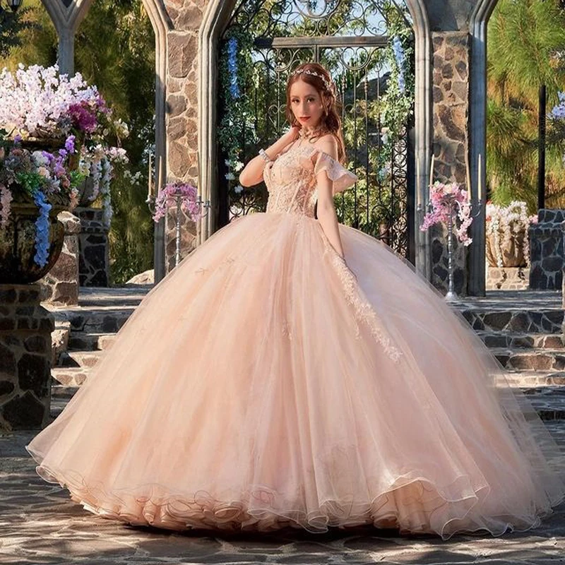 

ANGELSBRIDEP Champagne Luxury Quinceanera Dresses Ball Gown Hanmade Appliqué Lace Sweetheart Sweet 16 Vestidos De Fiesta Custom