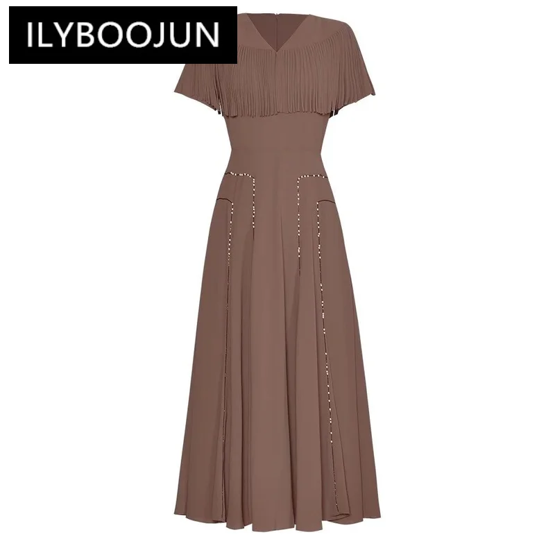 

ILYBOOJUN Fashion Designer Summer Dress Women's V-Neck Short Sleeve Tassels Beading Solid Color Office Lady Dresses