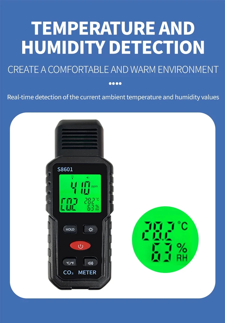 Handheld CO2 Detector 400-5000ppm Carbon Dioxide Meter Air Quality Monitor Tempe