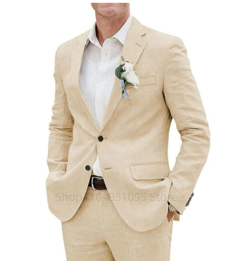 Linen Wedding Groom Tuxedos for Party Prom Slim Fit Casual Men Suit Notched Lapel Jacket with Pants 2 Pieces Set for Summer