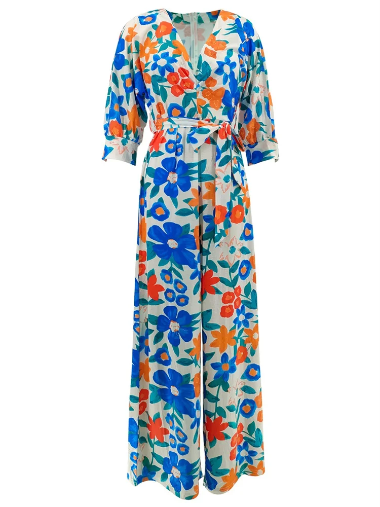 Wmstar Jumpsuit Women Summer V Neck Flower Print Color Sexy Loose Bandage Rompers Summer Wholesale Dropshipping 2024