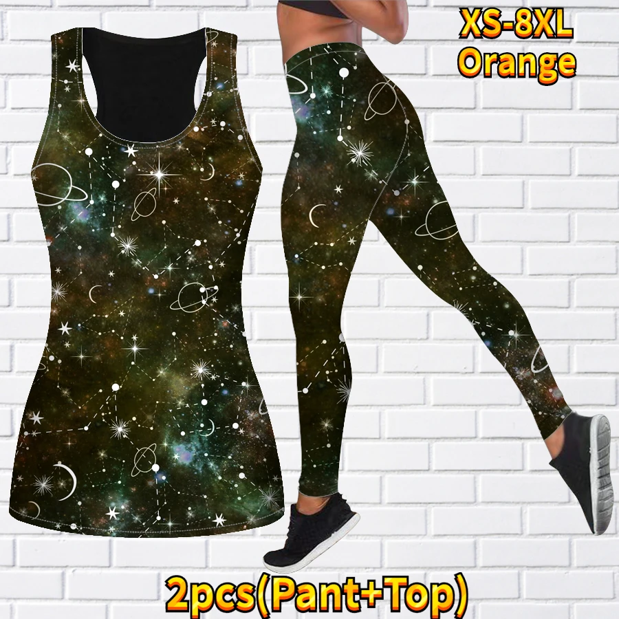 Spring/Summer Women\'s 3D Universe Star Sky Printed Tank Top and Tights Summer Sleeveless Fit Tank Top Yoga Set XS-8XL