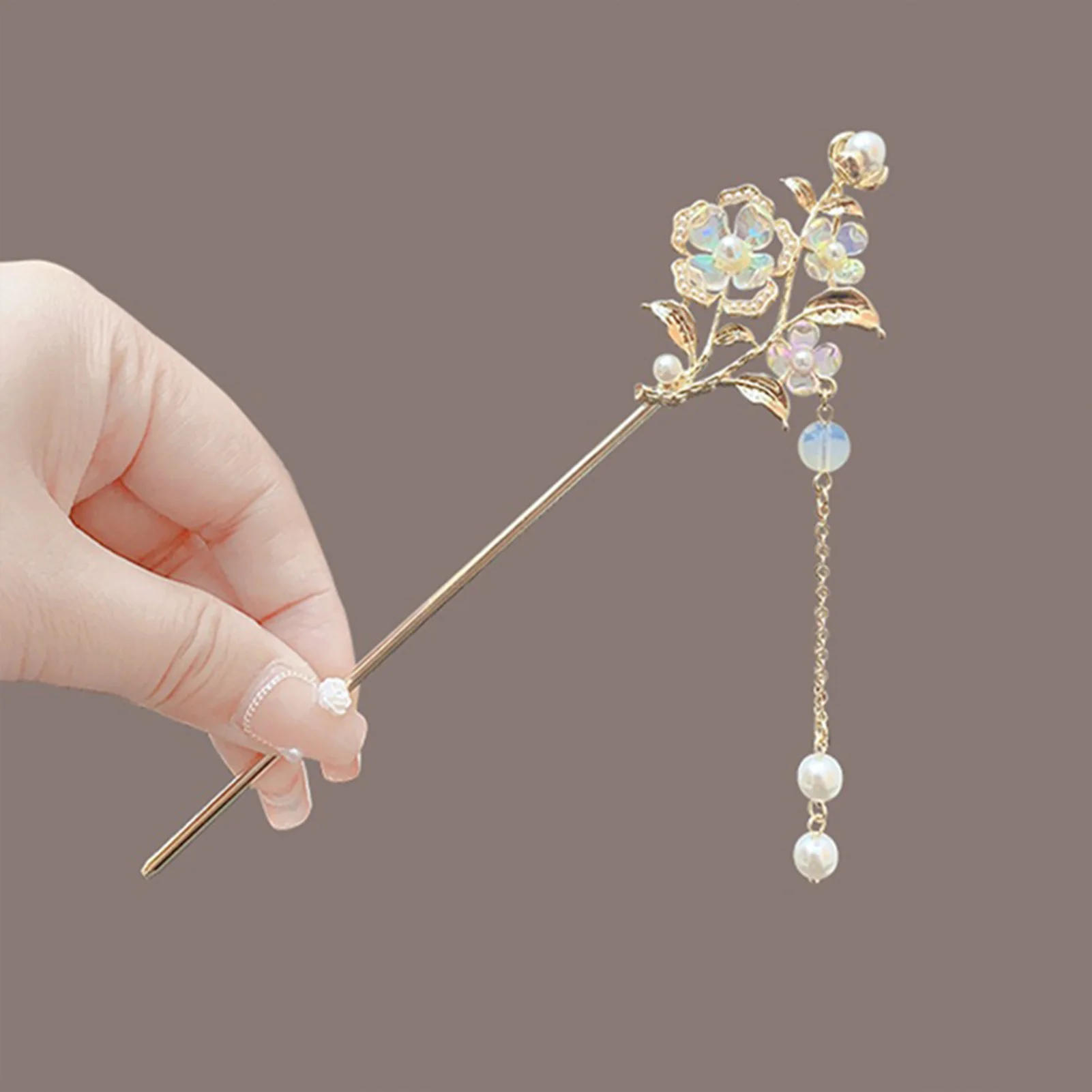Haarnadel Aus Holz – Chinesischer Stil Mit Lotus-Blume & Perle, Für Langes Haar & Zöpfe (ca. 18 Cm)