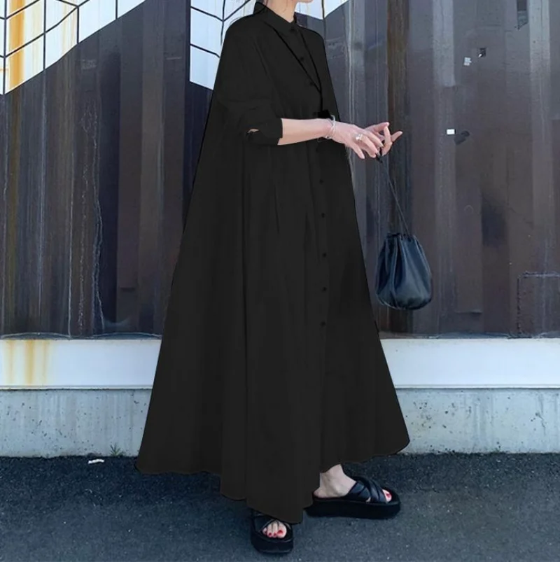 Muslim Abayat Dress for Women, Cotton and Linen, Commuter Temperament Abayas, Simple Versatile Lapel, Long Sleeve Loose Shirt