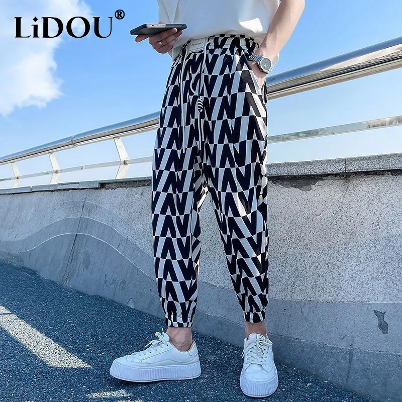 2023 Summer New Men's Clothing Elastic Waist Printing Contrast Color Ankle Length Pants Man