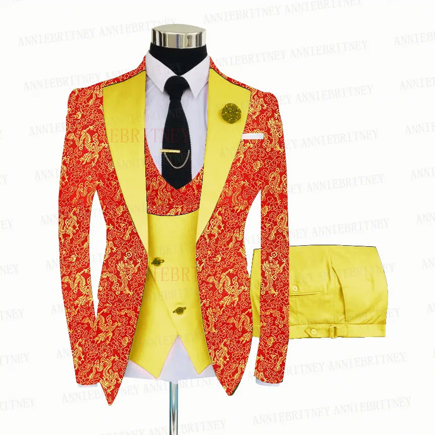 Red Floral Printed Suit Men 3 Pieces Gold Groom Wedding Suit Tuxedo Slim Fit Shiny Blazer Double Breasted Vest Pants Set