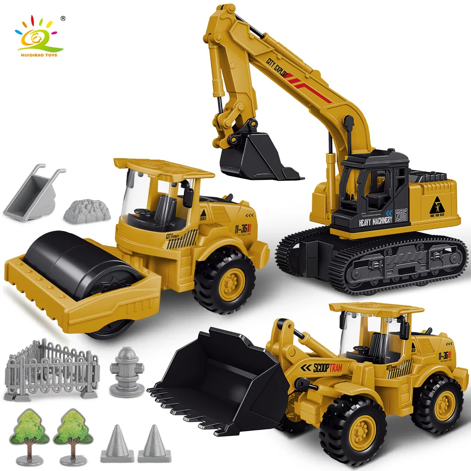 HUIQIBAO Engineering Plastic Inertia Car City Construction Excavator Crane Dump Truck Classic Vehicle Toys For Children