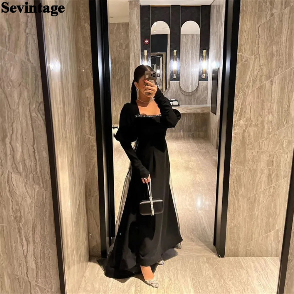 

Sevintage Modest Black Arabia Prom Dress Mermaid Square Collar Long Sleeves Ruched Ankle Length Party Gown vestidos de gala 2024