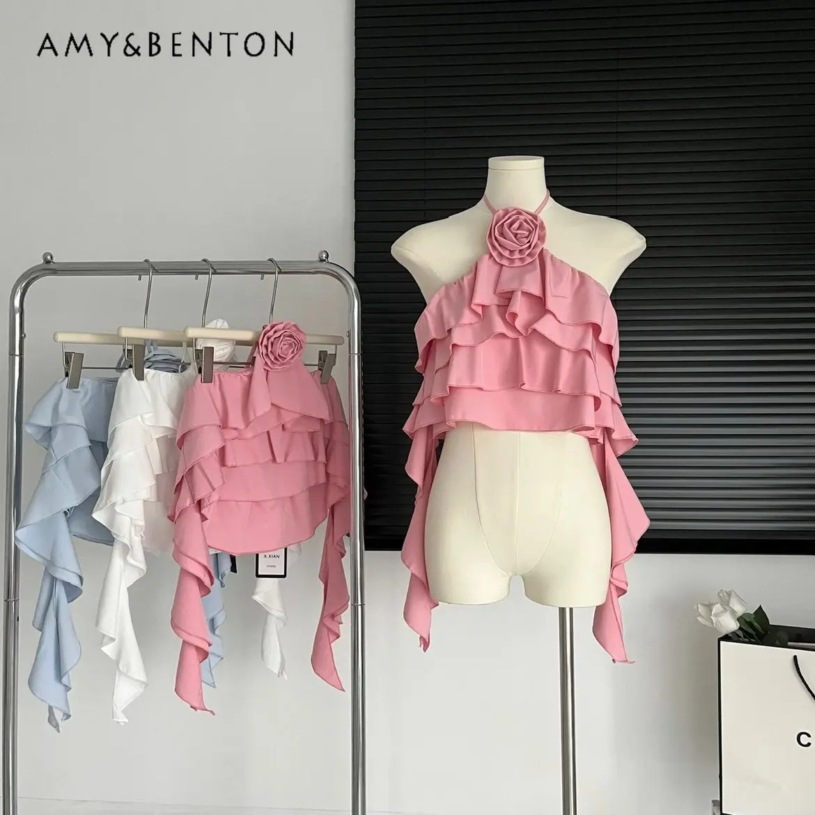 

French Sweet Dignified Flowers Halterneck Suspenders Vest Hot Girl Strapless Sexy Ribbon Short Sleeveless Outer Wear Tank Top