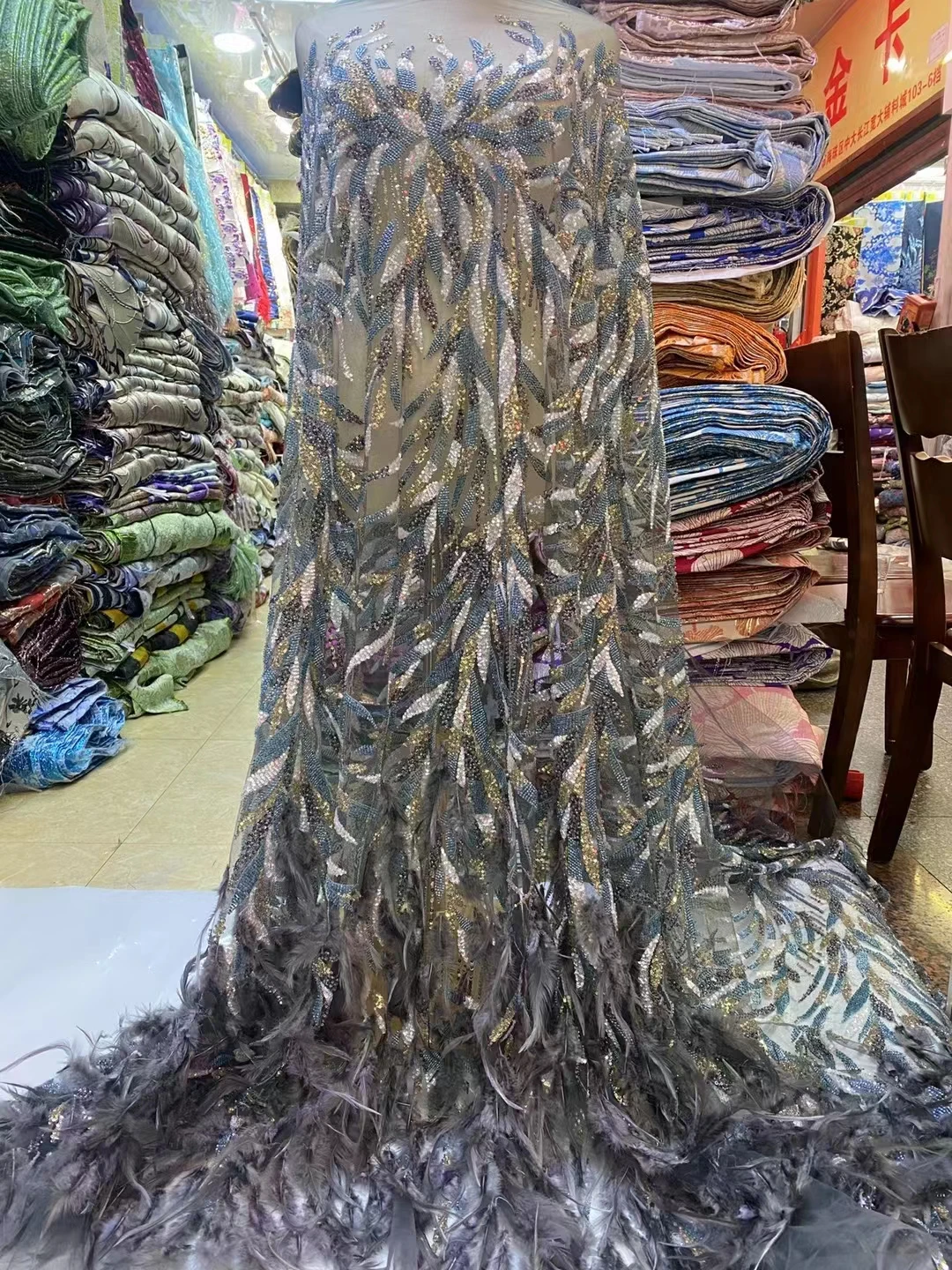 

Африканская кружевная ткань с 3D перьями, Высококачественная вышивка, французская кружевная ткань с блестками для нигерийских свадебных платьев JH