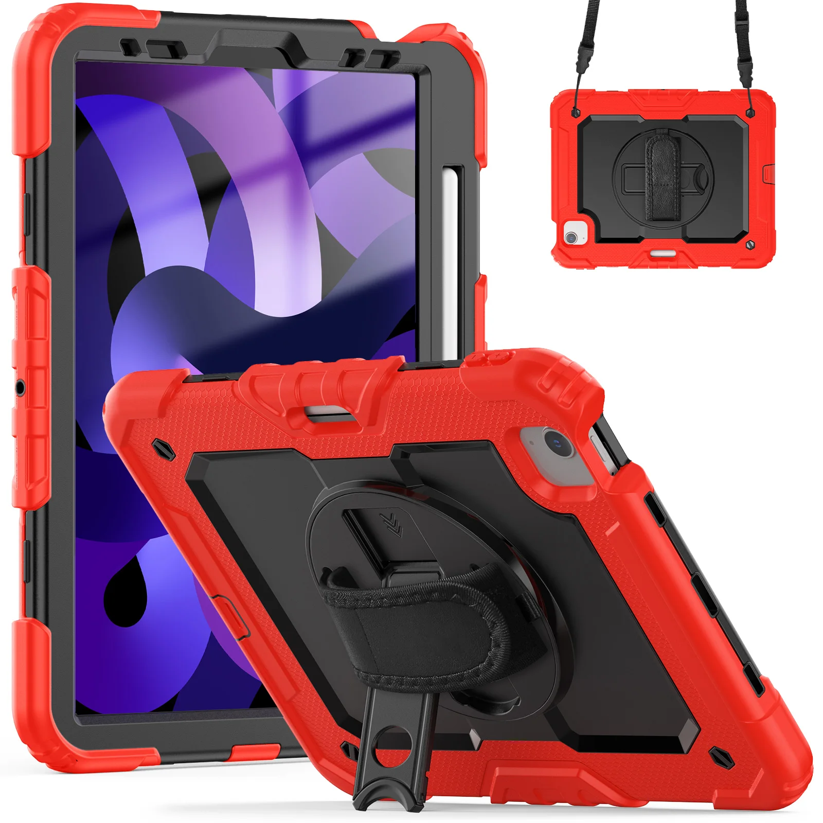 Shockproof Tablet Case with Screen Protector and 360° Rotating Hand Strap, Featuring Pencil Holder