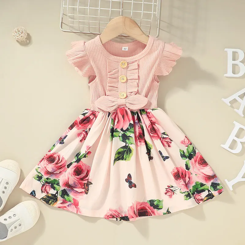 

2023 Cute Dress For Girls Summer Sweet Bow Baby Beach Dresses Turn-Down Collar Kids Clothes Fashion Cotton Children Soft Clothes