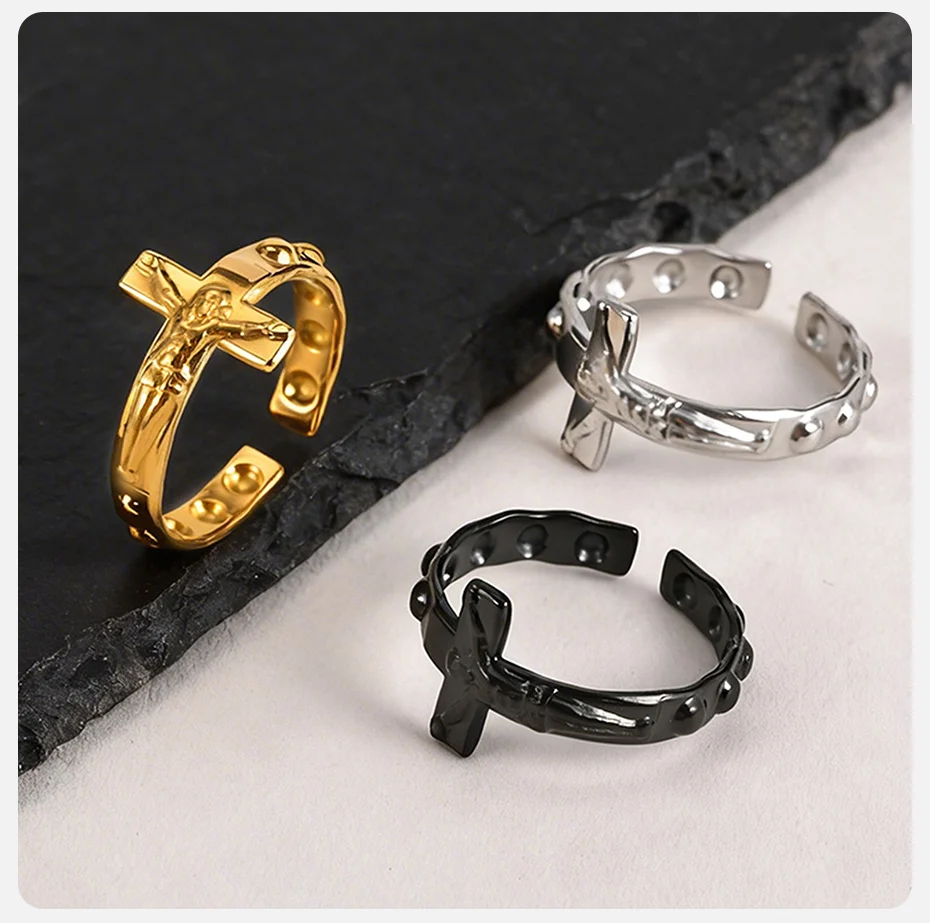 Vnox Edelstahl Offener Kreuzring für Herren, Verstellbarer Jesus-Kruzifix-Glaubensring, Schwarz-Gold-Silberfarbene Religiöse Ringe NEU – Detail 6