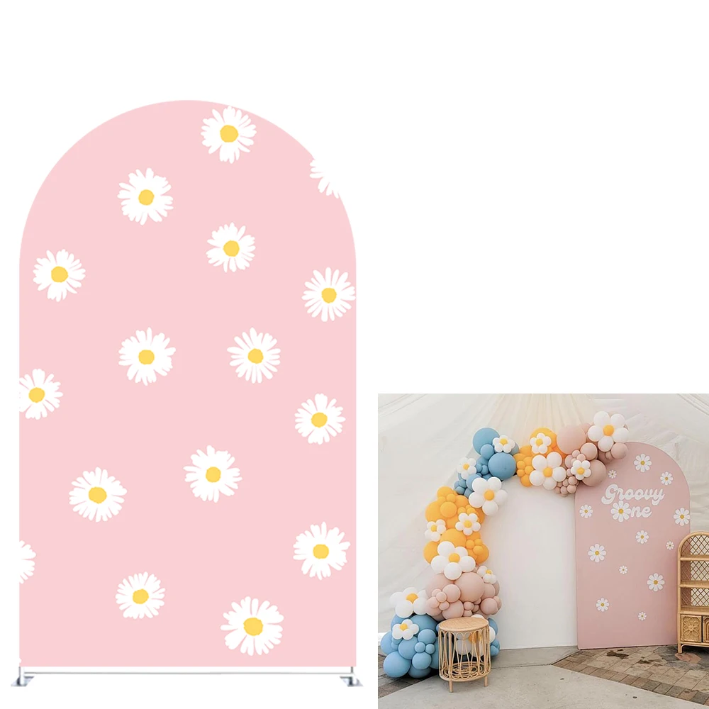 

Pink Arched Backdrop Covers Daisy Flowers Arch Stand Cover for Groovy Party Birthday Baby Shower Decoration GX-810