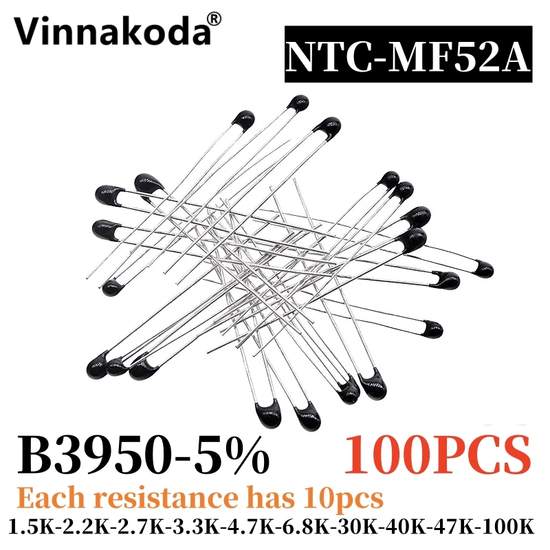 

100PCS NTC Thermistor Thermal Resistor Kit NTC-MF52AT Resistors Set 1.5K 2.2K 2.7K 3.3K 4.7K 6.8K 30K 40K 47K 100K 5% 3950B