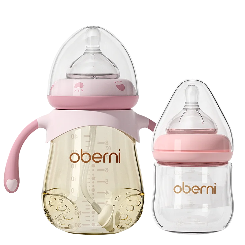 Oberni Baby Bottle Feeding Set for PPSU + Glass Materials Wide Neck 120ml+240ml with supper soft Silicone nipple