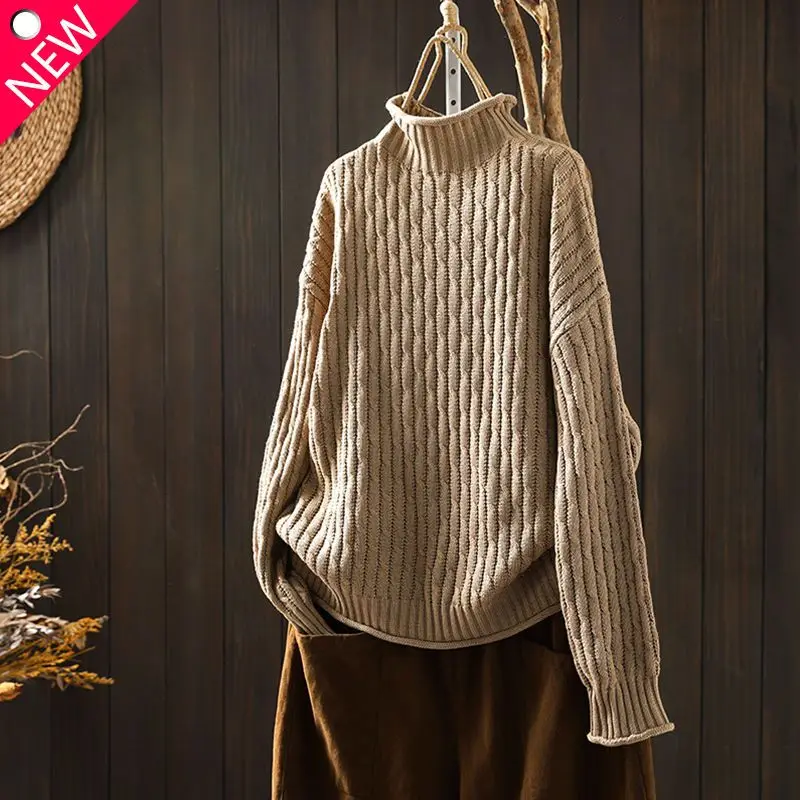 

Vintage High Neck Sweater Knitted Women Long Sleeve Autumn/Winter New Solid Warm Underlay Casual Long Sleeve Sweater Female