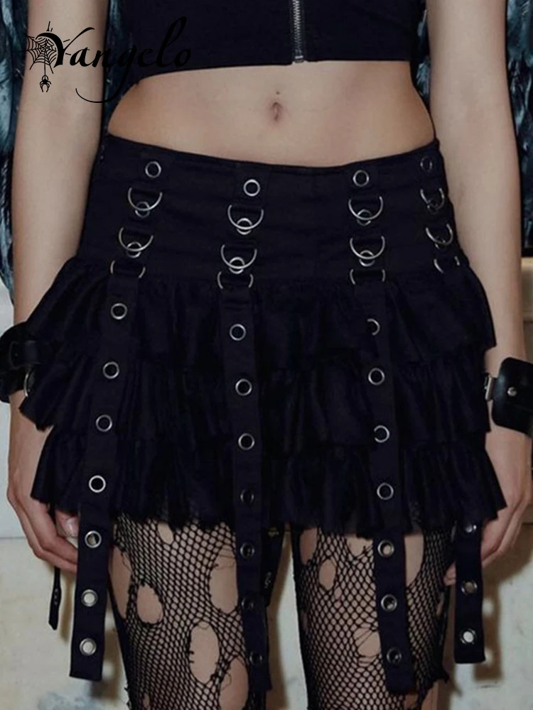 

Yangelo Gothic Black Pleated Mini Skirt with Chain Punk Retro High Waist Gauze Cake Skirt Club Fairy Grunge