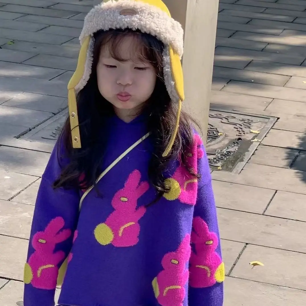 

Baby Girls Set Purple Color Cute Rabbit Autumn and Winter New Girls Fashion Lovely Hat Sweater and Pants Two Piece Sets