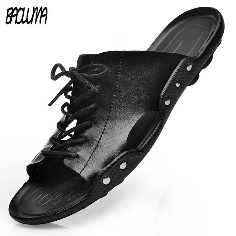 Summer Men's Genuine Leather Breathable Bandage Slippers Sandals Beach leather sandals fashion sandals beach slippers beach sandals