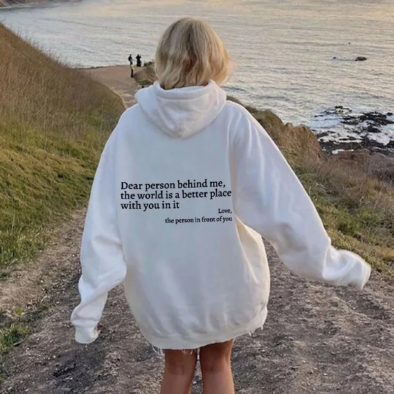 

Autumn Y2k Pullover Hooded Women Young Lady Printed Letter Dear Person Behind Me Hoodie Oversize Aesthetic Hoody Sweatshirt Tops