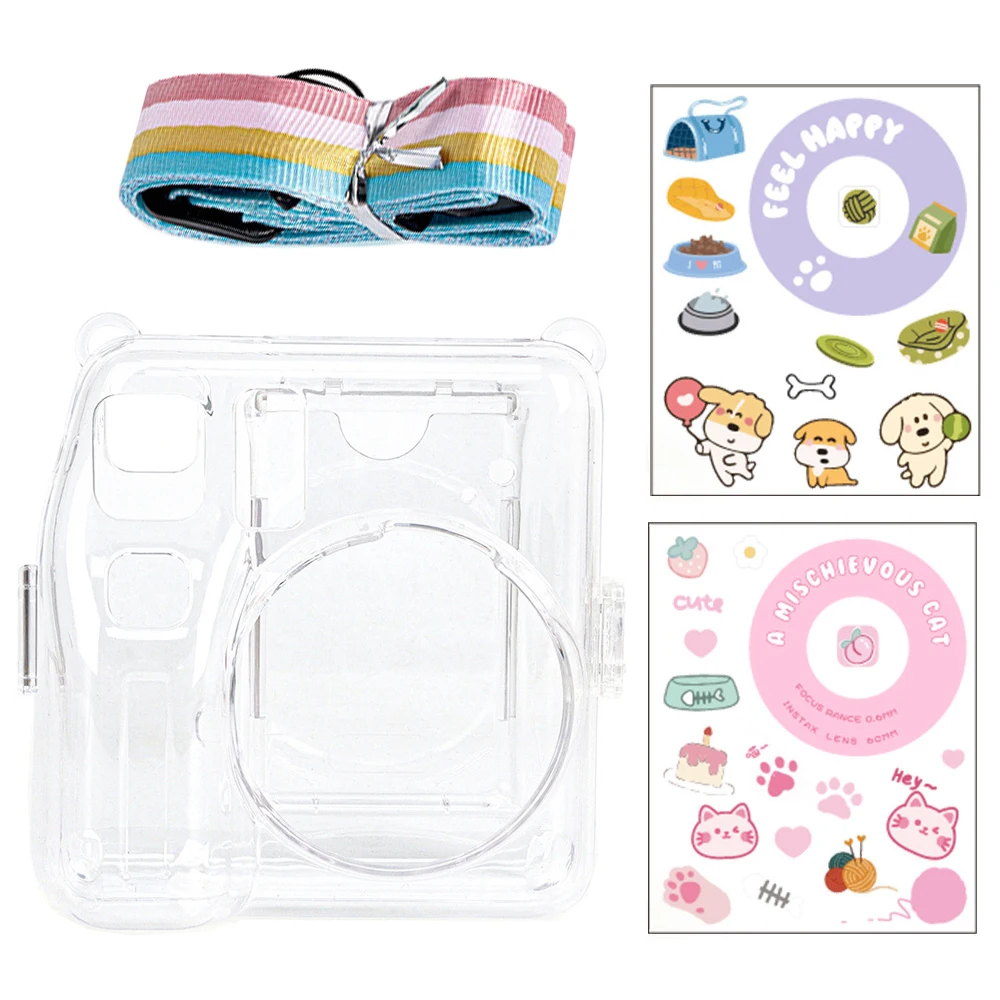 4-piece camera case set for Instax Mini SE camera, hard pvc shell with shoulder strap and decorative stickers-(no camera)