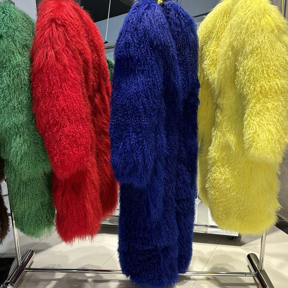 YOLOAgain 135-140cm Floor Length Mongolia Sheep Fur Coat Women Winter Warm Party Long Fur Coat Ladies Overcoat