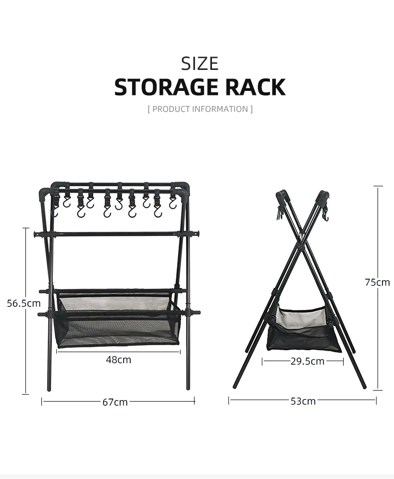 Triângulo de acampamento pendurado rack cabide tripé prateleira suporte armazenamento malha saco panelas utensílios de mesa organizador